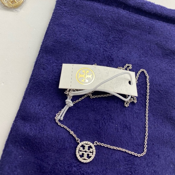 Tory Burch Silvertone Crystal Logo Necklace - Picture 3 of 5